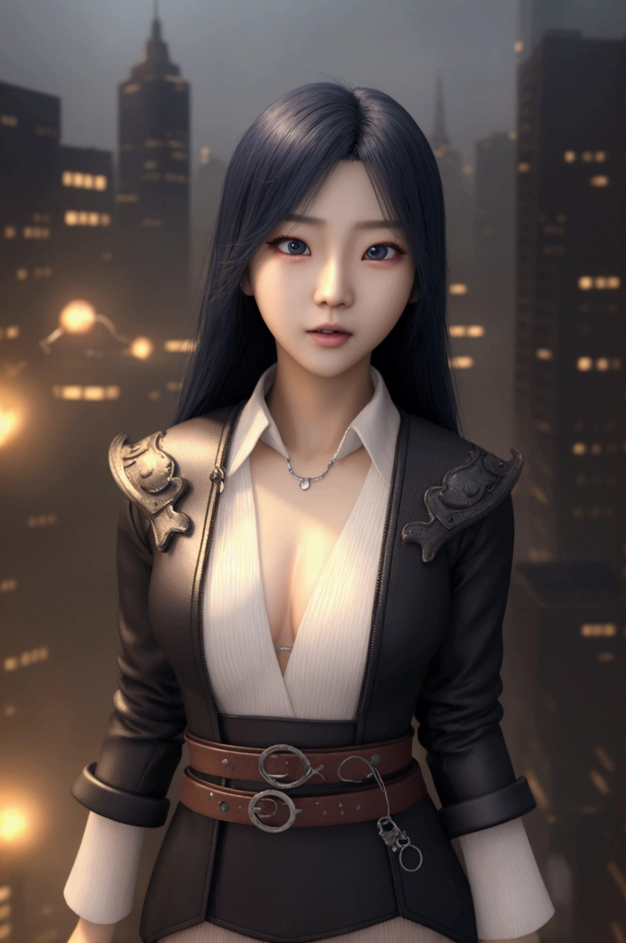 Photo Realistic a happy korean girl age 21 (full body), surprised expression, beautiful detailed eyes, beautiful detailed lips, extremely detailed face, large expressive eyes, long eyelashes, in the city resemble Final Fantasy VII Rebirth world, vibrant colors, intricate details, octane render, 8k, highly detailed, photorealistic, dramatic lighting, volumetric fog (1:1)