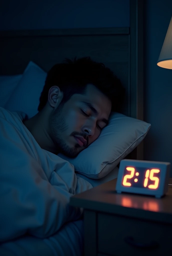 A men sleep in bed at 2:15 night, her eyes open he dreaming, her room table clock