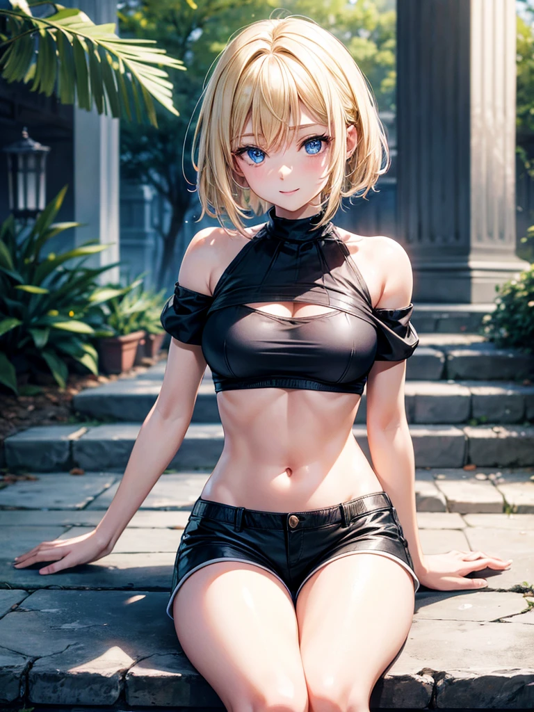 
Anime style, super fine illustration, highly detailed, beautiful detailed, pale tone image, static representation, gentle expression, 8k, pretty 1girl with blonde straight short hair & blue eyes & a bright smile & big breasts & soft fair skin is wearing the black off shoulder neck summer knit & black shorts in the park, in the morning, in the brilliant particles of lights, romantic stories, solo, perfect 5fingers, perfect arms, perfect legs, masterpiece.