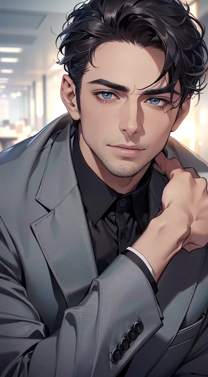 (best quality,4k,8k,highres,masterpiece:1.2),ultra-detailed,(realistic,photorealistic,photo-realistic:1.37),1 man,3,mature man,very handsome,without expression,smile,short grey black hair,blue eyes,penetrating gaze,perfect face without errors,imposing posture,businessman,office background,cinematic lighting,hdr image