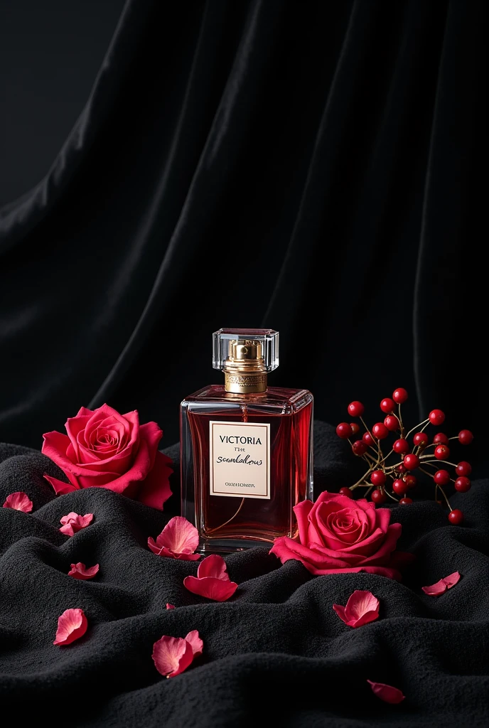 Velvet and Lace: An elegant still life of a black velvet cloth draped over a table, with intricate lace detailing. A single bottle of Victoria Scandalous perfume is placed in the center, surrounded by scattered flower petals and berries.