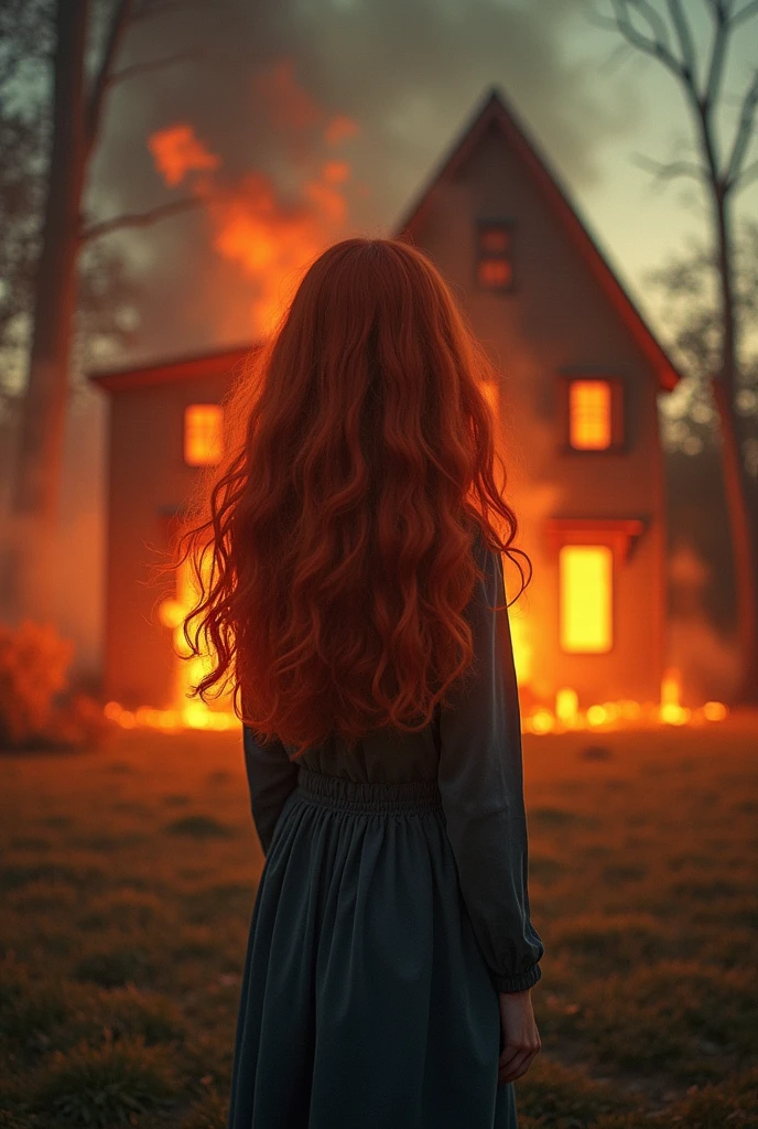 Create a red-haired girl with her back turned watching a big house burn, giving an air of mystery