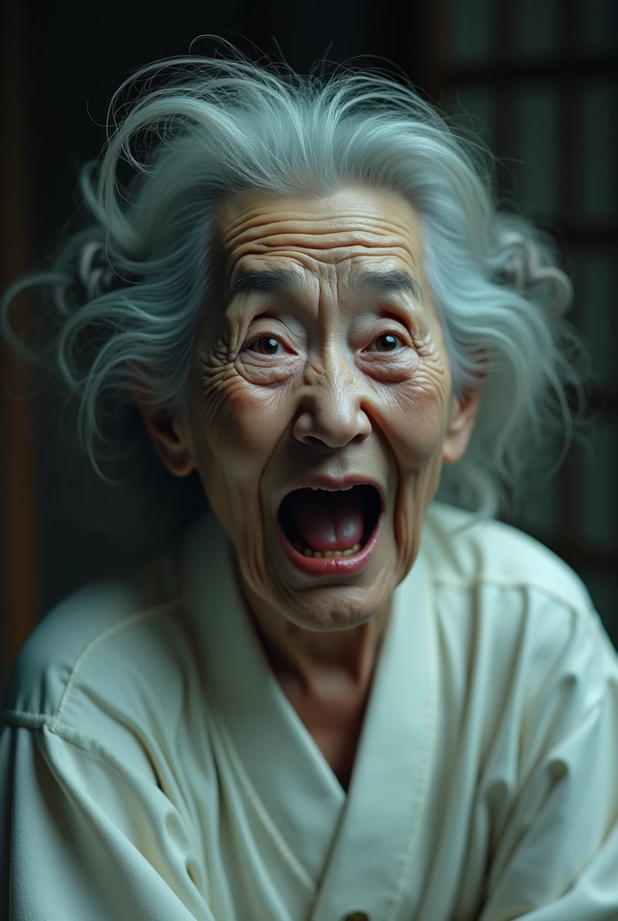 (masterpiece:1.4),(6 Female:1.5),(facial wrinkles 1.2), (Updo : 1.1), (Wearing a white kimono), Elderly women, ((90 years old)), Gray Hair, horror film, ((Crying in fear)), View your viewers, ((Japanese)), (Mouth slightly open)