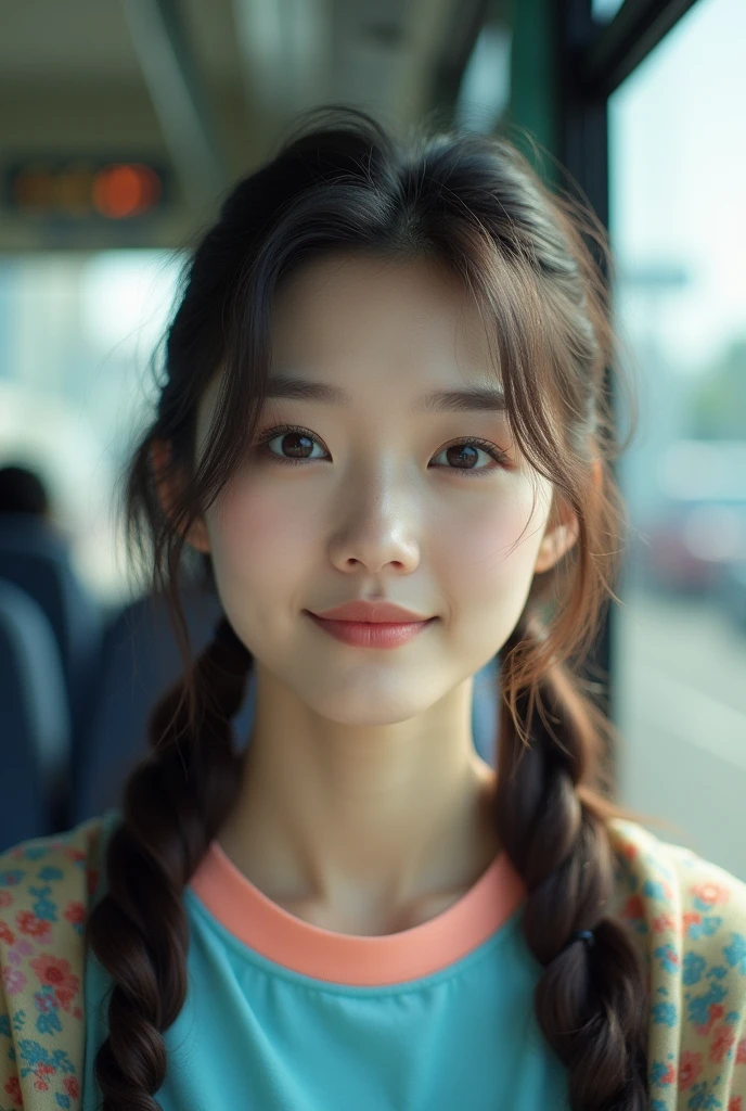 photos réalistes d'une jolie star coréenne, twintails inégaux, maquillage fin, taille de poitrine moyenne, sourit légèrement, t-shirt de couleur, dans le bus, traits du visage clairs, détails nets et réalistes, Sony FE, 35mm, Éclairage cinématographique, détails élevés, UHD, Haute qualité, HD, 8k, 16k