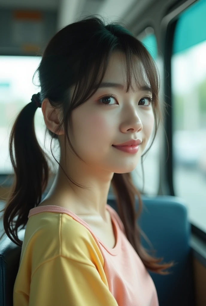 photos réalistes d'une jolie star coréenne, twintails inégaux, maquillage fin, taille de poitrine moyenne, sourit légèrement, t-shirt de couleur, dans le bus, traits du visage clairs, détails nets et réalistes, Sony FE, 35mm, Éclairage cinématographique, détails élevés, UHD, Haute qualité, HD, 8k, 16k