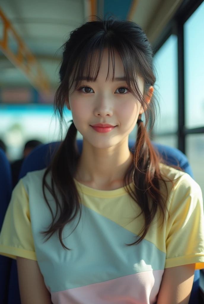 photos réalistes d'une jolie star coréenne, twintails inégaux, maquillage fin, taille de poitrine moyenne, sourit légèrement, t-shirt de couleur, dans le bus, traits du visage clairs, détails nets et réalistes, Sony FE, 35mm, Éclairage cinématographique, détails élevés, UHD, Haute qualité, HD, 8k, 16k