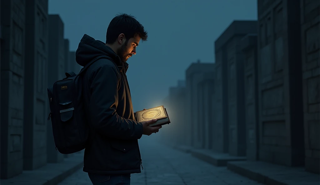 Scene 2: Persiapan Or
Narasi: 
Friday night arrives. Or, with a flashlight and a small Quran in hand, prepare yourself for the trip to *Silent Tomb*.
action: 
- Or memakai jaket hitam dan celana jeans, while checking the flashlight and his small Quran.  
- Or terlihat tegas dan penuh tekad, but there was a hint of nervousness in his eyes.