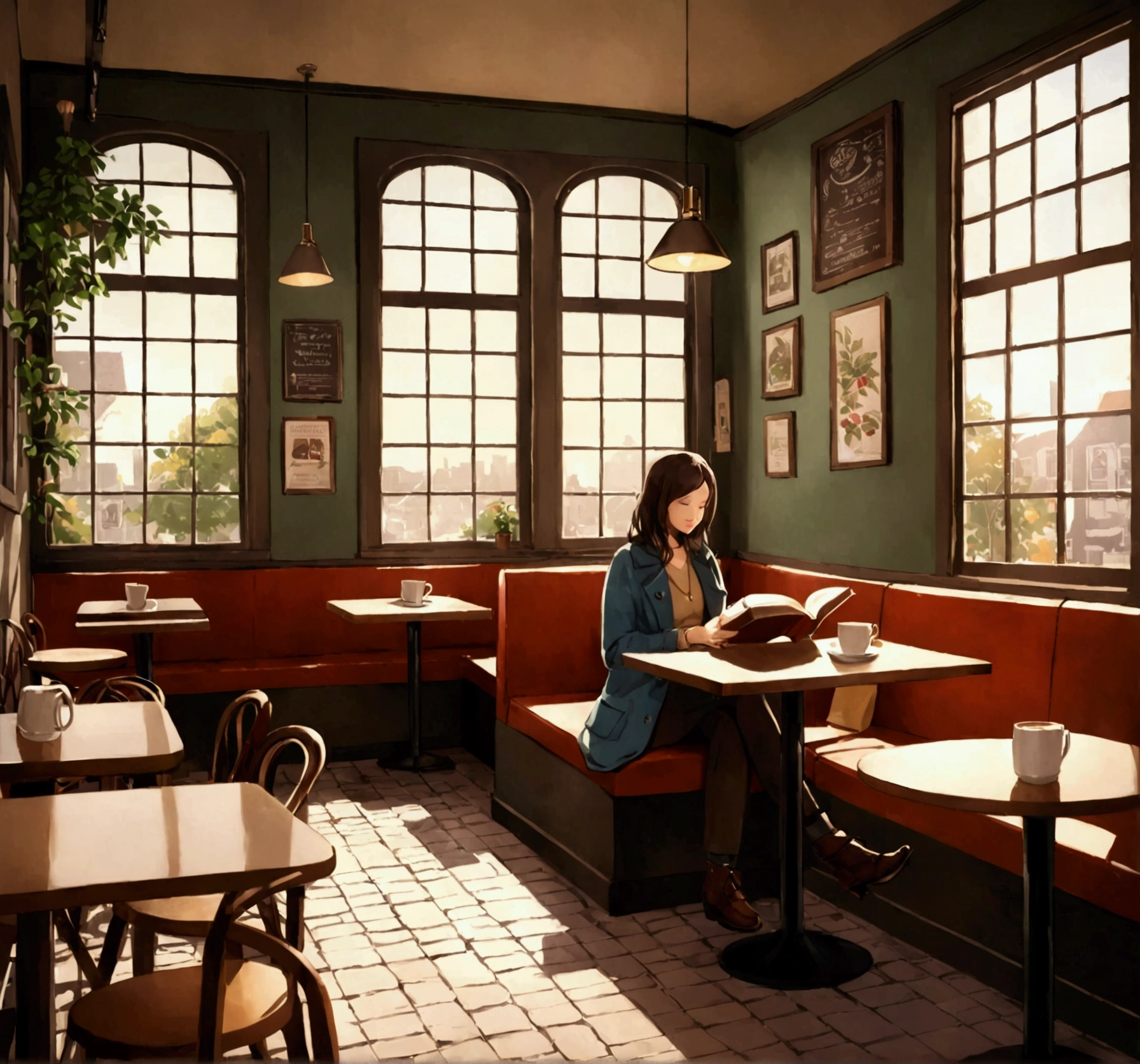 INT. COFFEE SHOP - DAY
Cozy, warmly lit coffee shop with soft ambient music. SARAH, mid-30s, sits at a corner table, reading a book. The atmosphere is inviting and calm.