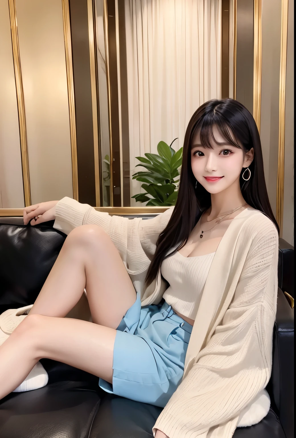 masterpiece、Highest quality、whole body、One Girl、bangs、Japanese、Long Black Hair、Long Hair、smile、alone、sofa、Stylish woman、pastel colored outfits、front、Luxury background elements、Confident expression、Modern and trendy、Fashion focus