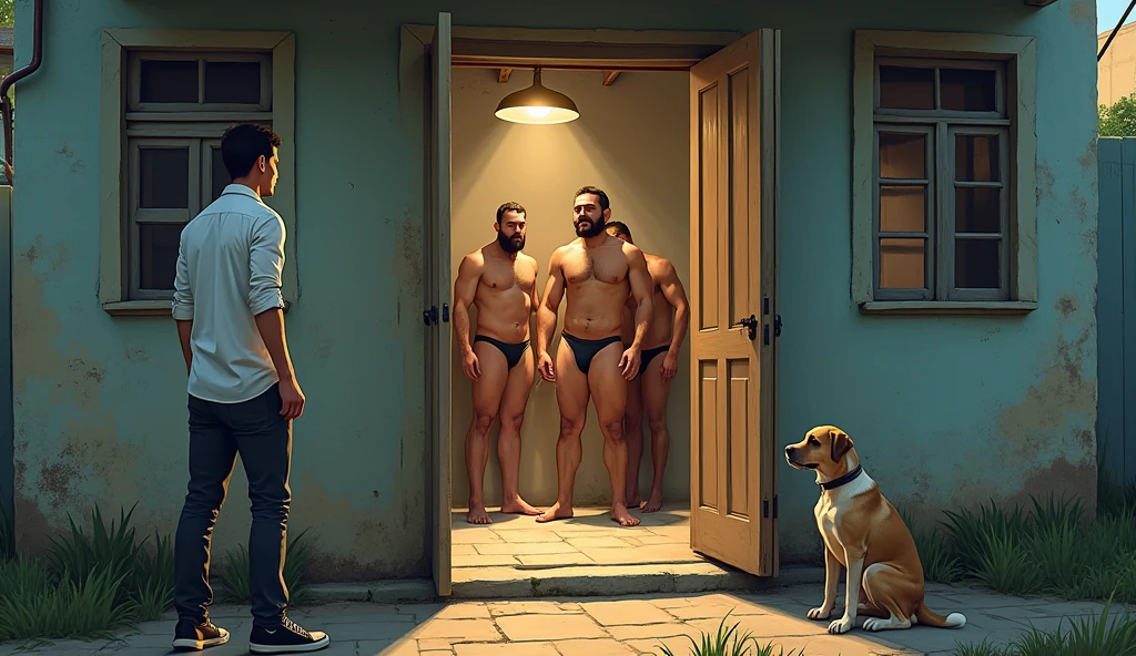 Shirt reporter, pants and sneakers leaning against the door outside an old house next to a dog, looking at strong, bearded, mixed-race Brazilian men taking a shower in their underwear inside.