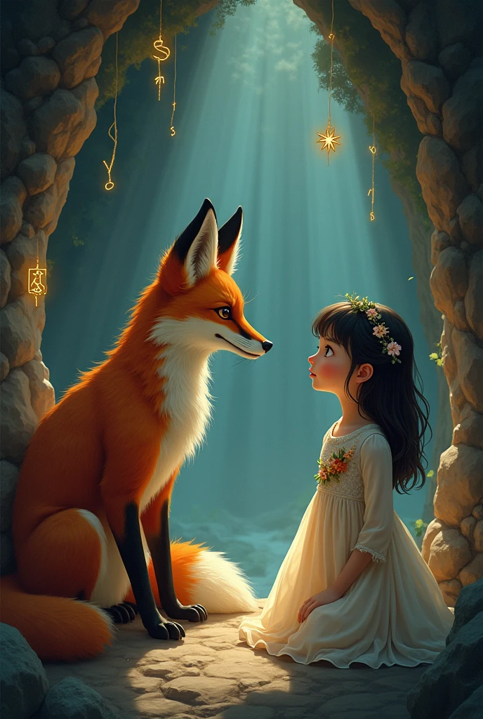 fox talking to a girl in a cave