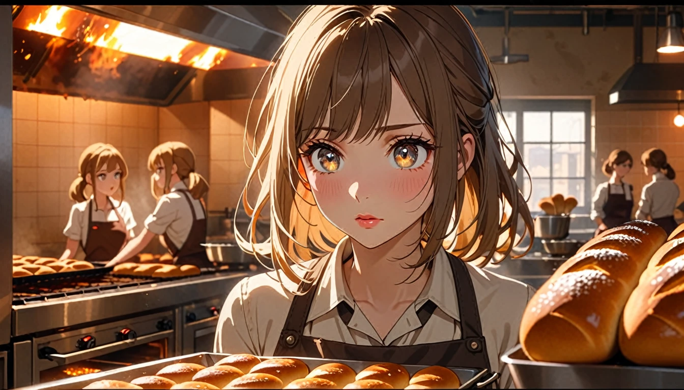 a serious girl in a bakery kitchen, (taking burnt bread out of the oven:1.2), concerned coworkers watching, beautiful detailed eyes, beautiful detailed lips, extremely detailed eyes and face, long eyelashes, warm lighting, animetic, 8k, high quality, intricate details, cinematic composition, warm color tones, soft shadows, depth of field, natural lighting, seamless integration, lifelike expression, emotive pose, engaging atmosphere, compelling narrative