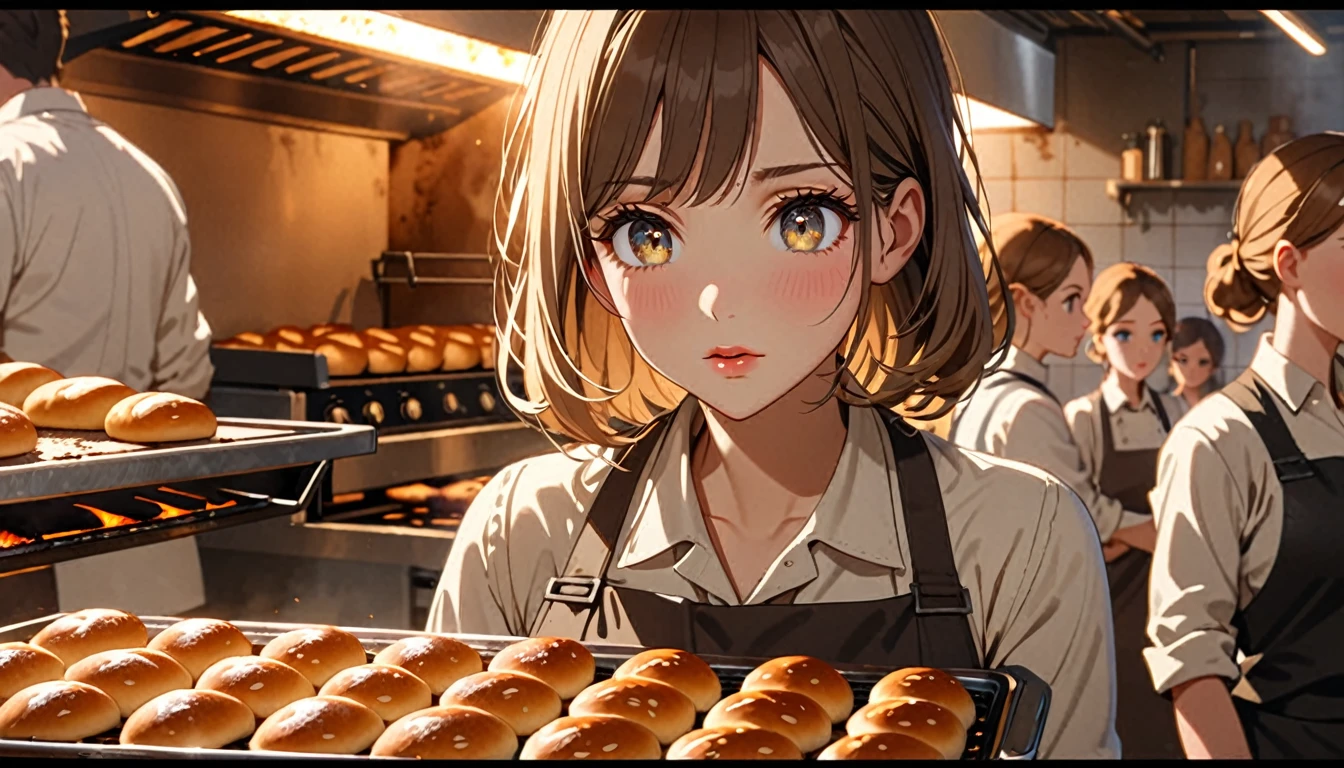 a serious girl in a bakery kitchen, (taking burnt bread out of the oven:1.2), concerned coworkers watching, beautiful detailed eyes, beautiful detailed lips, extremely detailed eyes and face, long eyelashes, warm lighting, animetic, 8k, high quality, intricate details, cinematic composition, warm color tones, soft shadows, depth of field, natural lighting, seamless integration, lifelike expression, emotive pose, engaging atmosphere, compelling narrative