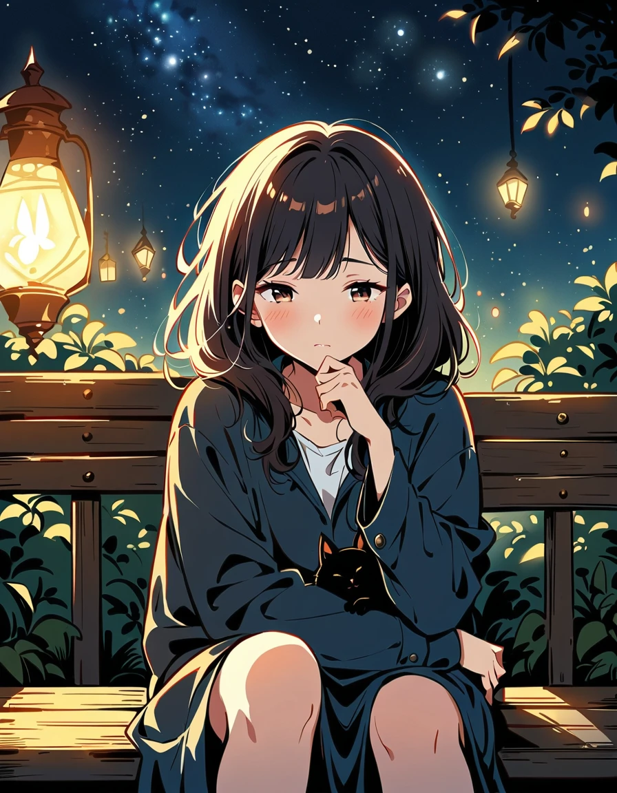 Black cat、so beautiful、Beautiful down to the last detail、A woman with a depressed expression、Sitting on a bench、night、It is illuminated accordingly、近くに綺麗なBlack catがいる、garden、4K
