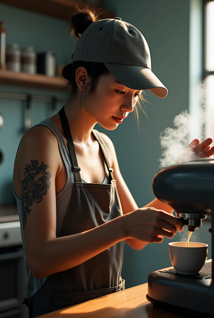 Indonesian girl, wearing a backward hat, only wears apron. standing making a coffee, focused and using a coffee maker, Her tattooed arm is visible as she leans into her work. highly detailed, highlighting the girl enjoy making coffee. photo realistik , hyperrealistic, 8k, dynamic pose.