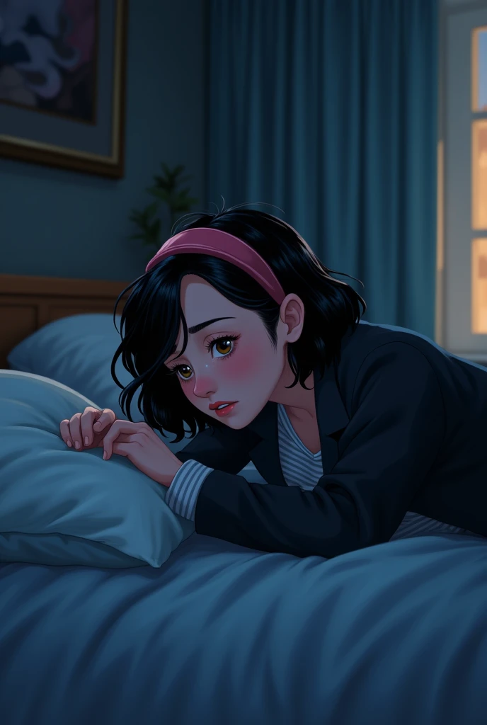 Woman with short black hair with a pink headband, striped blouse and black coat lying in bed at night curled up, she's desperate, scared and very sad, I want you to show her whole body lying on the bed, it's night, disney pixar style 3d