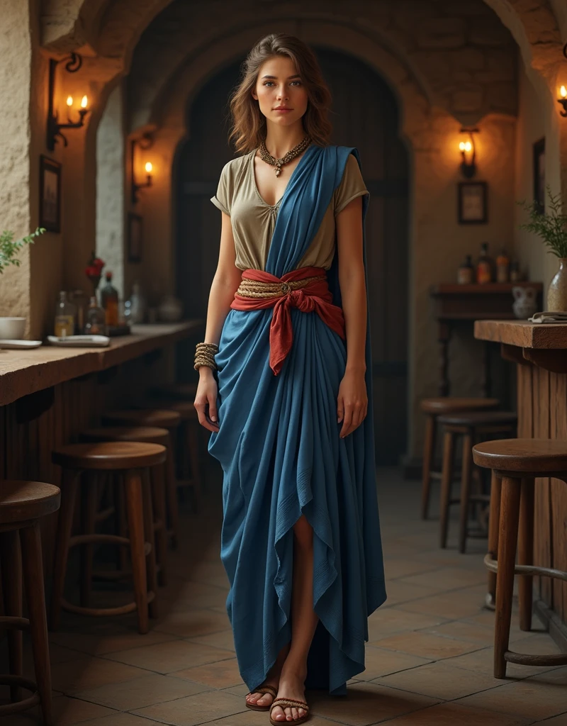 Front view,  Full body, on floor , standing pose, on floor , in Serbian pub,  AD 3 century,　prisoner of Constantius Chloros,   Her is name Helena 24~2, Greek old-style clothing ,　Serbian girl, (Light Brown Hair, middle hair ,brown  eyes, Beautiful Lips,  Small lips, little smile),,Red wide belt,(middle  Breasts, middle Hips) ,  (wearing khaki color  one-piece shirt, rope belt ), (Blue Toga:1.3),  poor sandal, Textured skin , HI Detail Skin, (Shorthand, Canon, 8k, Anatomically correct,  Super Detail, Attention to detail, Your Highness)