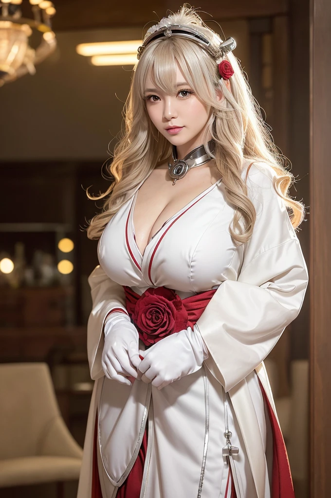 Woman portrait、Highest quality、8k, clear, Fine skin、Clear, beautiful eyes、The beauty of a smile、Bright beautiful face、whole body、Curly Hair、My hair was messed up by the wind、(Big Breasts、Muscular、tall),(Hip_superior, Hip superior), Beauty,( Watching the audience),Realistic, High resolution, Soft Light,1 female, One person,blonde hair,Long Hair,bangs,Fine Skin, Naughty look,((Open-neck steampunk kimono,Damask rose,Mature Woman,white dress shirt)),steampunk style、Costumes decorated with lots of gear and watches,(Silver and red stripes,Sailor-style armor with collar)、Beautiful Steampunk Guild Staff Costume Banker Uniform,(Silver and red mech,Silver Steampunk Kimono, High-tech Mecha,Beads,elbow gloves、Gemstone Helmet,Luxurious obi,Lavish decoration, High leg)、((arms behind back)),(bokeh),(studio lighting)