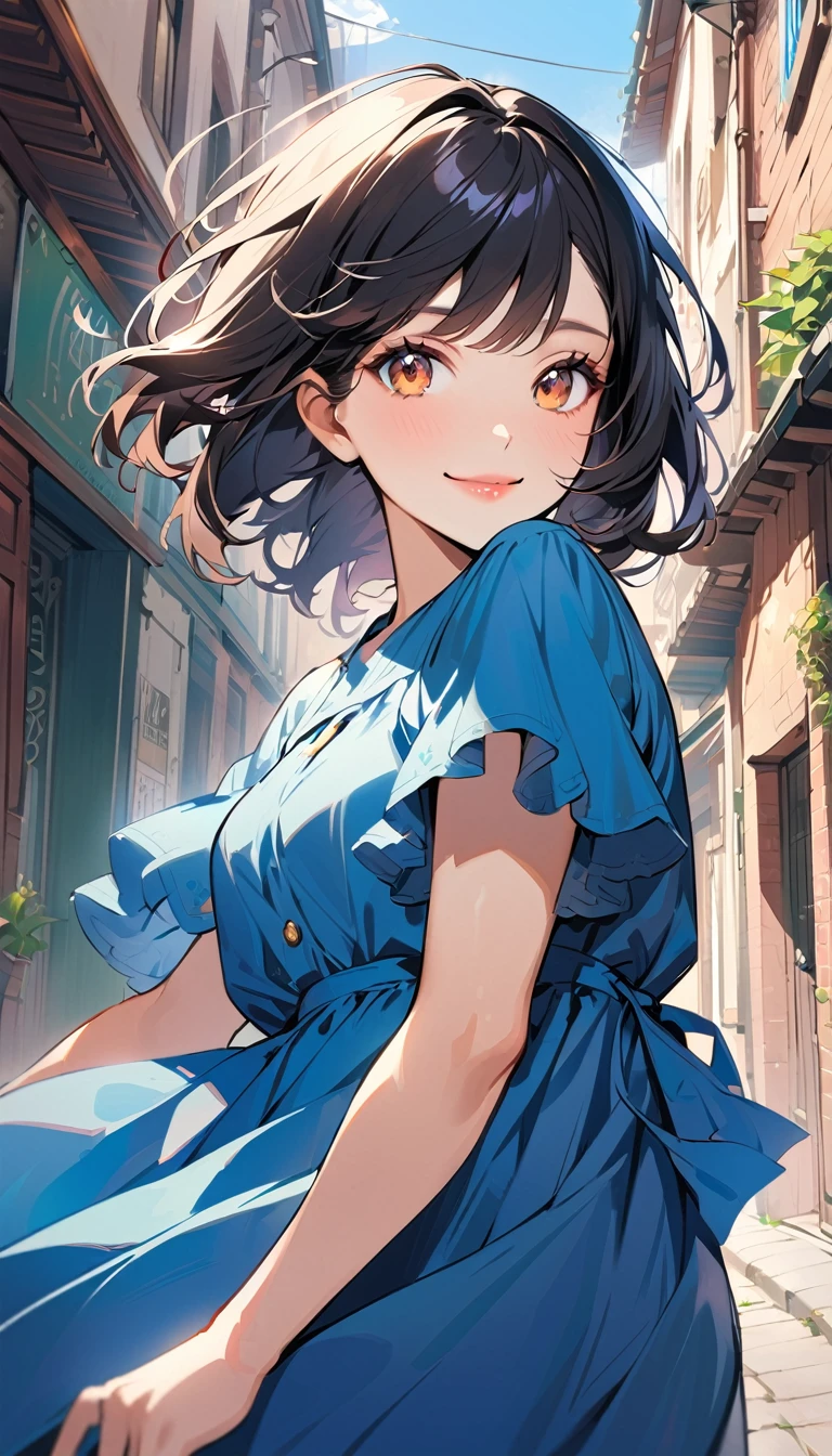 1woman, solo, medium hair, black Hair, brown eyes, detailed eyes, light lips, 25years old, smile, happy, wear blue casual long dress, looking at viewer, cowboy shot, closed mouth, blue sky