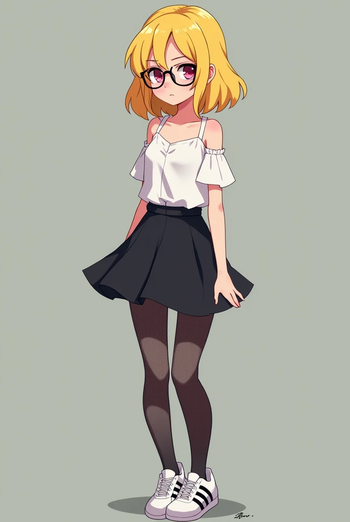 I am  and have a height of 1.49 yellow hair black glasses pink eyes an extremely blush a white blouse to the shoulders short black skirt black mesh stockings white Adidas tennis shoes and that she is an extremely shy girl 