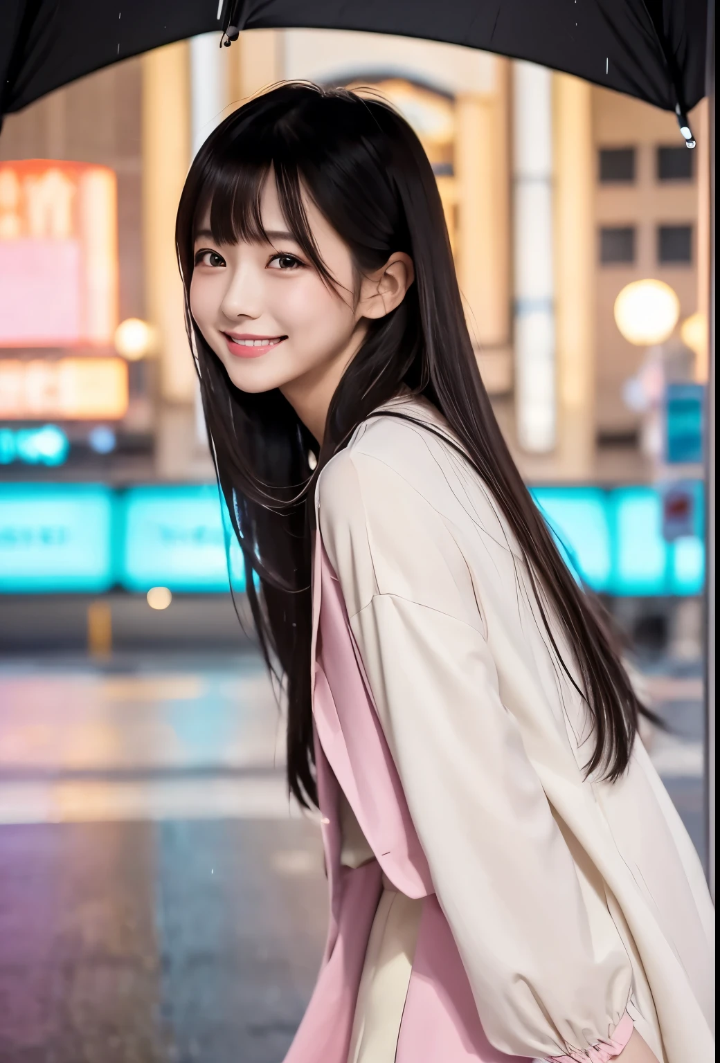 masterpiece、Highest quality、whole body、One Girl、bangs、Japanese、Long Black Hair、Long Hair、smile、alone、rain、Stylish woman、pastel colored outfits、front、Luxury background elements、Confident expression、Modern and trendy、Fashion focus