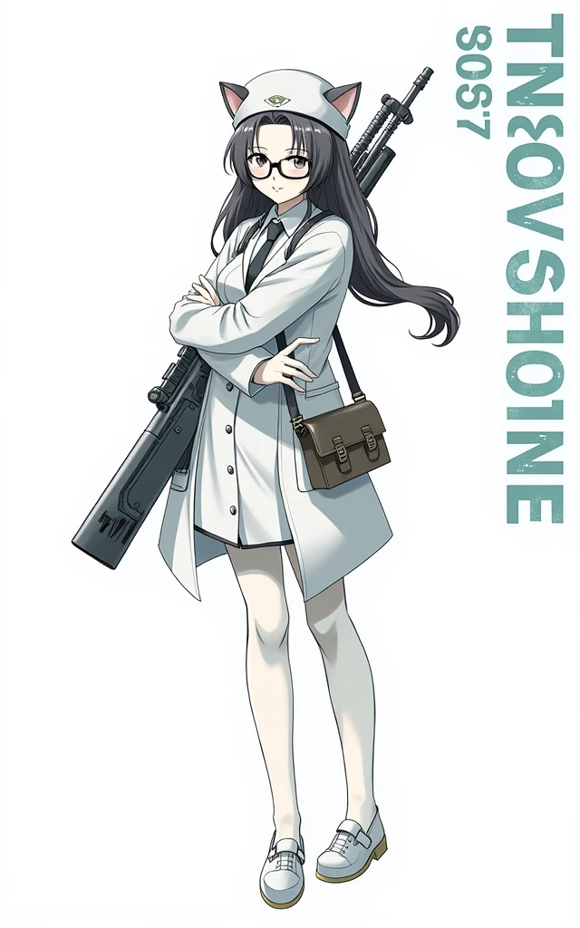 an anime girl wearing glasses with a heavy rilfe gun and a millitary cat hat, scientist girl with labcoat, black hair, anime style, from girls frontline, fine details. girls frontline, girls frontline universe, girls frontline style, girls frontline, girls frontline cg, soft anime illustration, 2 0 2 2 anime style, 2022 anime style, pixiv contest winner, pretty anime character design, render of april