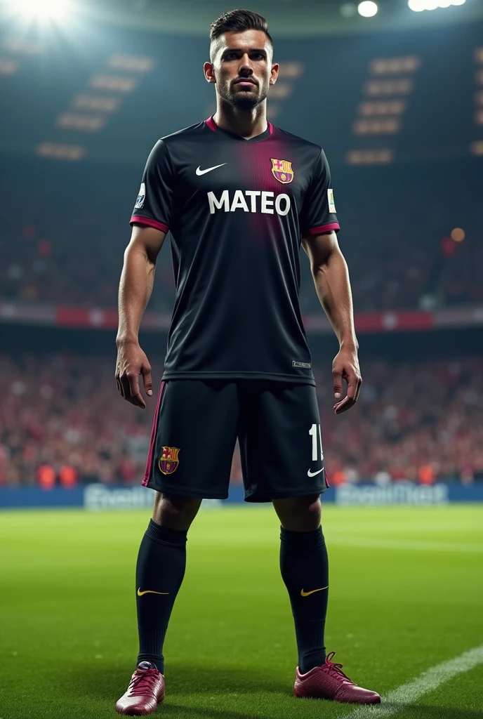 Dark colored soccer uniform with Mateo's name on it