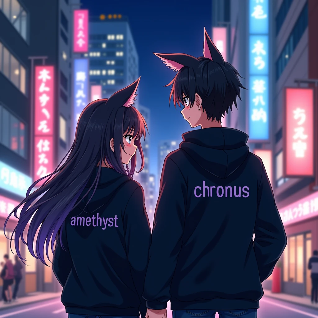 Couple anime wearing black hoodie, with cat ears, with purple text "Amethyst" to the girl
and "Chronus" to the boy, in japan citylights
background, and the girl is long hair