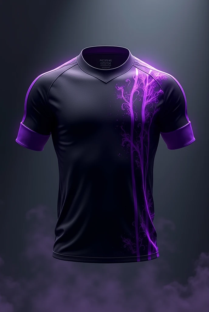 make a floating shirt, of athlete, in black and with purple flame designs printed on the shirt. Also add purple stripes that go from the collar to the sleeves.. Make the collar and hems of the shirt and sleeves purple