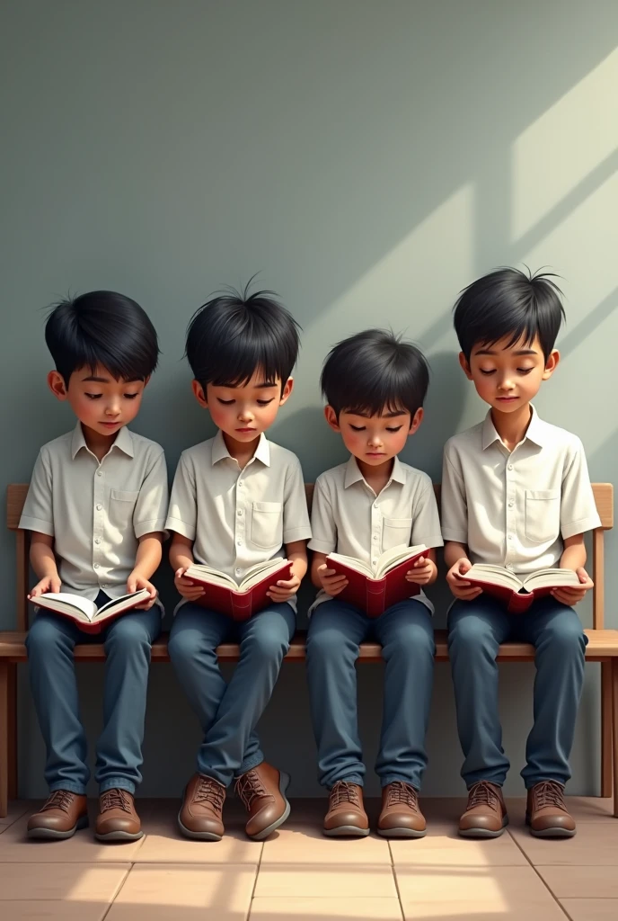 4 person atul shivendra aasish and ankit are student sitting on school bench and all reading in white shirt grey paint