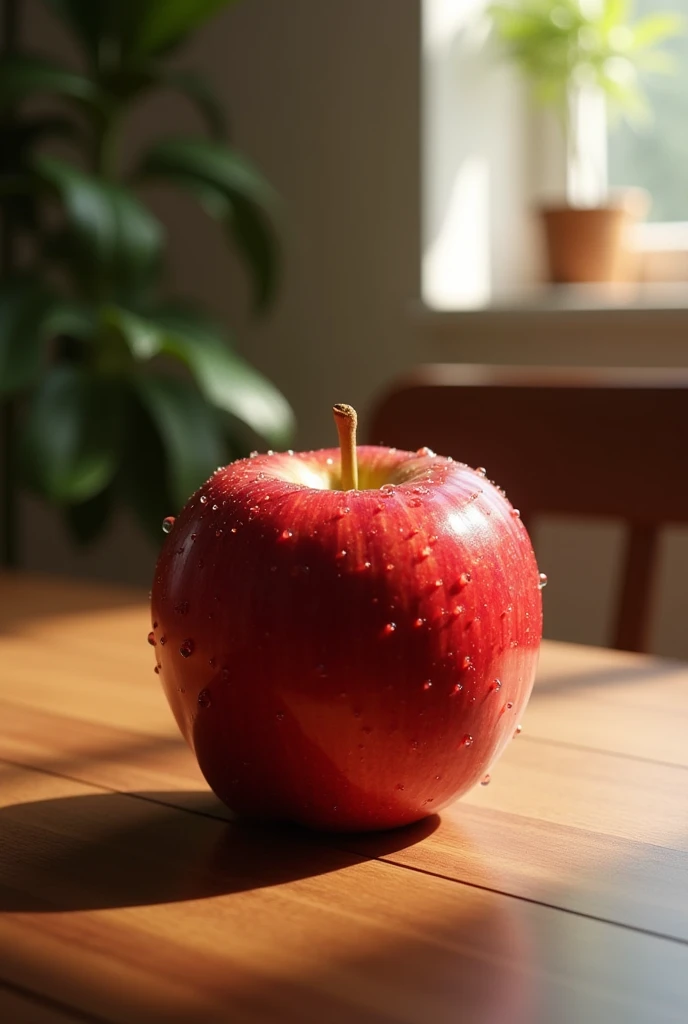 An apple on the table in the bowel some water drops on the apple