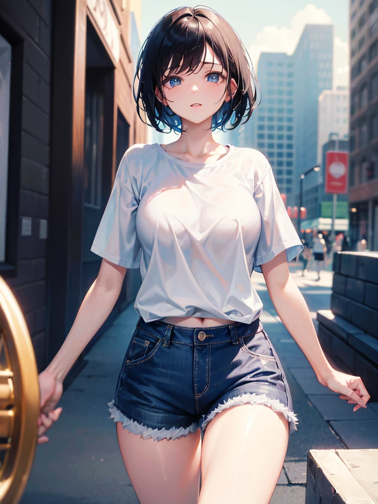 1girl, short black hair, blue eyes, wearing plain white shirt, denim shorts, city, absurdres, high res, ultrasharp, 8K, masterpiece,looking at viewer