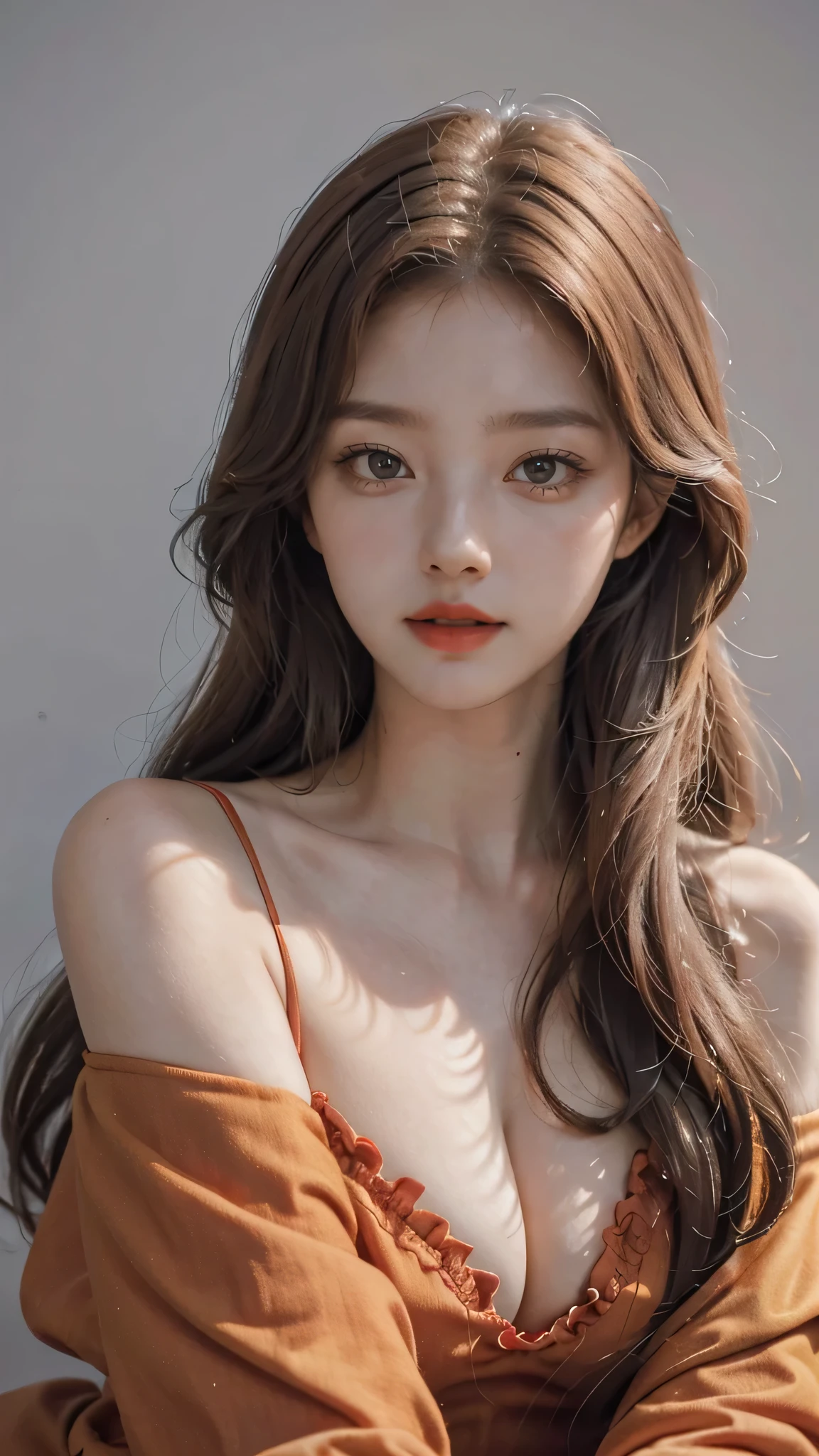 Girl wearing, luxury orange coat, shoulder length hair, wavy hair, glowing skin, star in eye, red lips, grey background, cute poses , upper body.