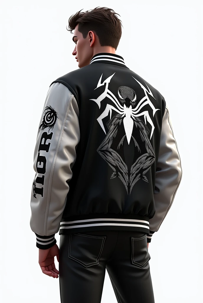 White background . A varsity jacket with black and white colours. A varsity jacket has a realistic black colored venom .Aurex sentence written on Right arm.  left arm has realistic black thunder  picture. Everything is 4k quality. It should include front and back sides 