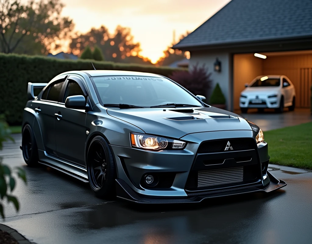 A highly detailed, cinematic photo of a modified Mitsubishi Lancer Evolution X racing car build, captured in a residential driveway setting at dusk, with a warm, golden light casting long shadows. The car's dark gray, glossy bodywork sits low to the ground, accentuated by the sleek, aftermarket wheels and lowered air suspension, giving it an aggressive stance. A carbon fiber front splitter and hood vent add to its racing-inspired aesthetic, while the Mitsubishi logo proudly adorns the front grille. In the background, a white car is parked in a garage, surrounded by a neatly maintained yard with a lush green lawn and a house featuring a sloped roof. The atmosphere is moody, with wet weather pavement and a dramatic sky, as the sun sets behind the scene, casting a cool, high-contrast tone. The image should evoke a sense of realism, with highly detailed textures, subtle reflections, and a shallow depth of field, showcasing the car's sleek design and the photographer's skill.