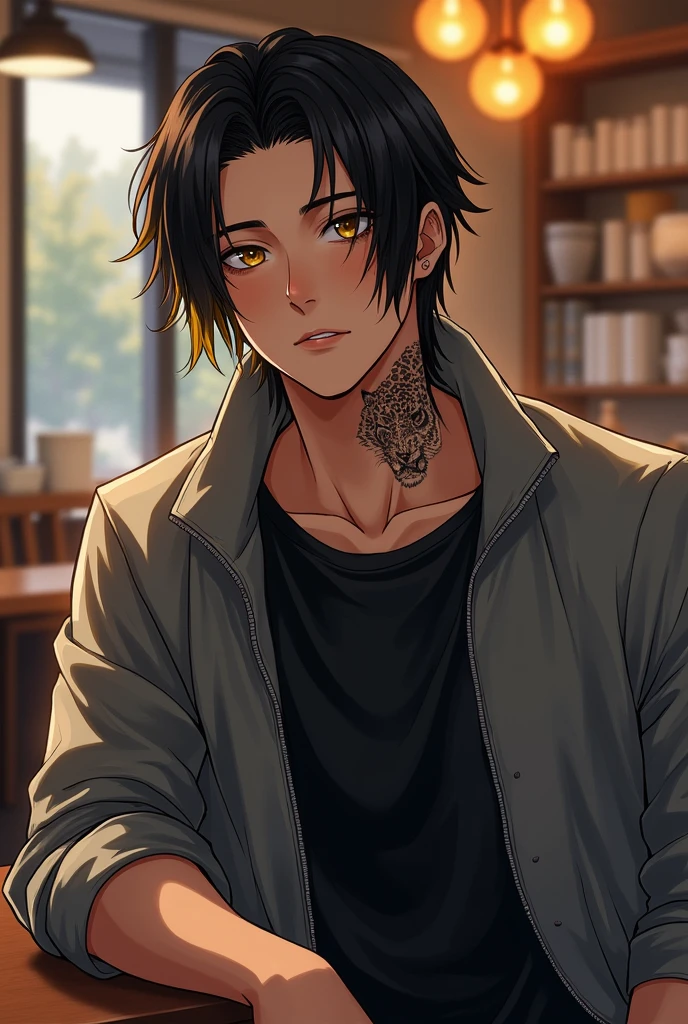 a tall boy of 1.80 long black hair with two yellow strands in front, big amber eyes with a mole on the lower right side of the right eye, He has an abstract tiger tattooed in black tones on the right side of his neck and is wearing a grey jacket and black t-shirt., It is a realistic portrait of him sitting in a cafe