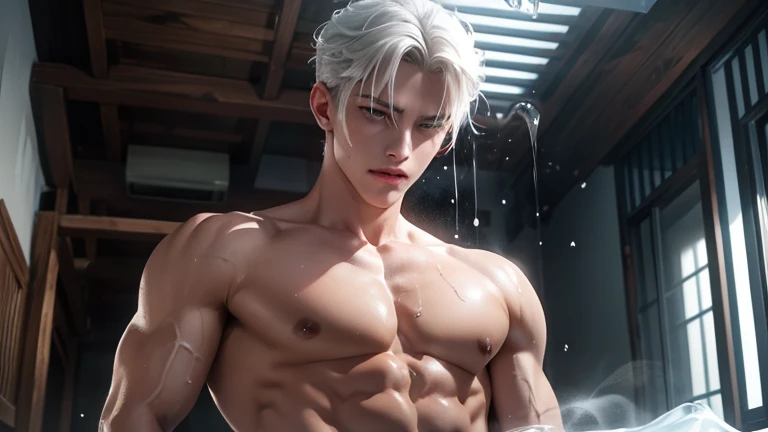 A young boy with white hair,fair skin,handsome,The triangle briefs are wet, so I took half of them off.,裸上半身Soaked in milk,Showing six-pack abs and chest muscles with water droplets on them,Soaked in milk,纖細長腿Soaked in milk,There is a big protrusion from below and milk is spurting out,Soaked in milk,Tilting their head back, they wore an expression of comfort.,Milk flows from the corners of the mouth,Sticking out tongue,Drinking milk,Very shy expression,Milk flows from the corner of the mouth,covered in milk,soak in milk,There's milk on your face too,Milk flows from the corners of the mouth,身上Soaked in milk,Complete character,To the light,The light shines on the abdominal muscles,milk everywhere