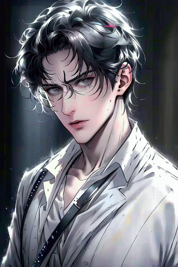 (of the highest quality,4k,8k,High resolution,masterpiece:1.2),Super detailed, colorful, (realist,photorealist,photo-realist:1.37),1 person,beautiful skin,White race, White skin, very handsome,short black hair,grey eyes, attractive, square jaw,sharp eyes,A perfect face without a doubt,psychiatric, psychologist, 27 years, no expression marks, half body, SERIOUS LOOK, no wrinkles, young adult, man, fondo de jardin asilo psychiatric,cinema lighting,imagen hdr,Atar、