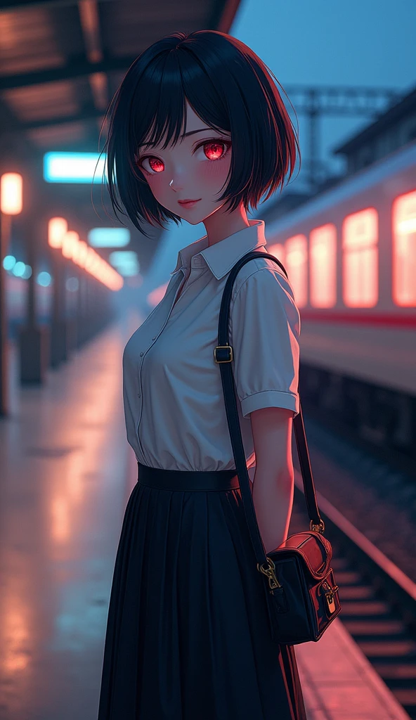 score_9, score_8_up, score_7_up, source_anime, best quality, amazing quality, absurdres, very aesthetic, 1girl, red eyes, wariza, short hair, pixie cut with layers, black hair, portrait, High contrast, solo, 1 girl, best perfect anatomy, thin, curvy body, flat breasts, close up shot on person, a girl showing happy, smile, blush, super high angle from below, looking at viewer, Hide your arms behind your back, standing pose, white format shirt, long sleeve shirt, black tie, long black skirts, maxi skirts, black socks, Wearing a school hand bag, dynamic angle. perfect dynamic composition, foreshortening, night days, volumetric lighting, Detailed background, Cinematic lighting, Sunlight, Waiting train, train station, Stand on the platform,