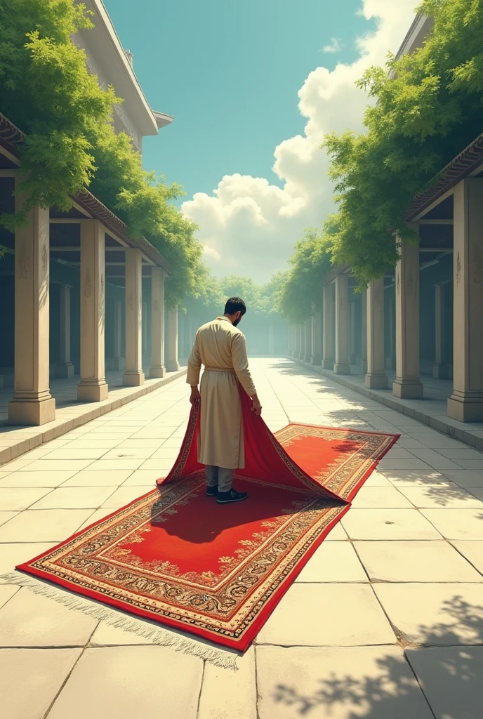 A man is standing and spreading a carpet on the ground and half of the carpet is spread and half is in his hands.