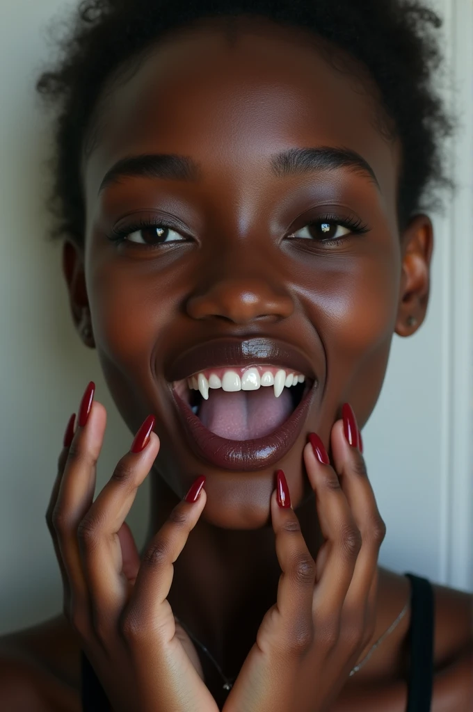 magazine photograpy of beauty cosmetics vampire, show fangs and mouth open, closeup of smooth skin of fingers of african young beautiful model, beautiful lips in natural pale pink, skin is smooth, astonishing beautiful face, perfect beauty is highlighted, soft feature, white background , simple necklace --chaos 50 --ar 3:4 --personalize j6i5cjx --stylize 1000 --v 6.1