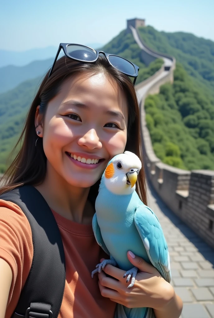 Raise a blue cockatiel chick, taking a selfie and smiling at the Great Wall of China