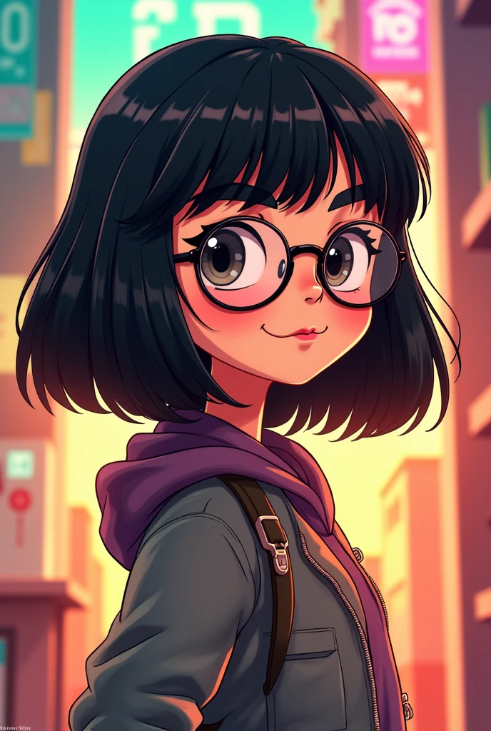 Girl with shoulder length dark hair with bangs wearing round prescription glasses in the style of the cartoon Total Drama