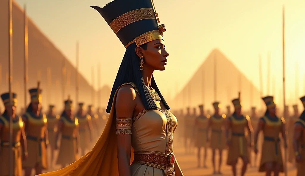 Hatshepsut the pharaoh with an imposing crown leading an army