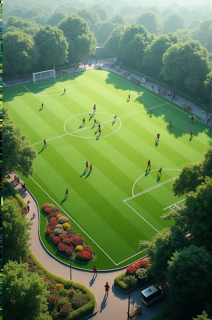 Create a sports complex with several soccer fields and green spaces decorated with flowers