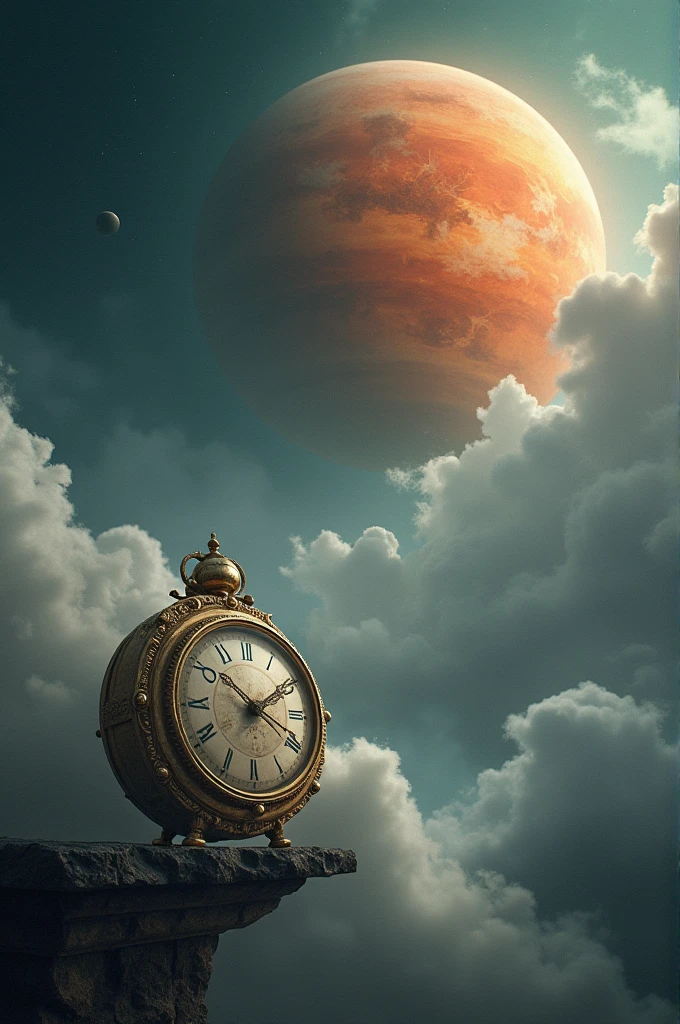 Venus with a slow rotation: A vivid image of Venus with its thick, cloudy atmosphere, accompanied by a clock showing an extremely slow passage of time, indicating that a day on Venus is longer than its year.
