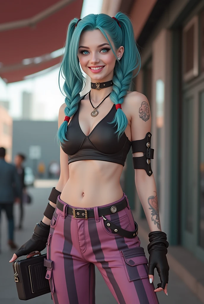 high quality, cosplay de Jinx,1 girl, cosplayer, by the wide, For the blue, twin braids, slim figure, Chapped lips, smiling, beautiful face, (big breasts), neckline, perfect lips, big breasts y naturales caídos, (covered breasts), mole on the body, Take a photo from below the knees at an angle to the face., beautiful detailed face, Perfect and beautiful double eyelids., woken up, passion, choker, crop top, Gloves without fingers, separate sleeves, single sleeve, belt, nail polish, tattoo, pants, Boots, striped, perfect hand, (natural lighting:1.1), detailed skin, on the street,