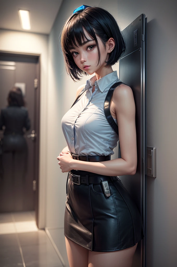 1 girl, ((alone:1.5)),Black Short Hair,Police uniform,belt,clock, White sleeveless collared shirt,Blue Super Mini Skirt:1.8,Police hat, Blushing:1.2, Perfect light, 8k, masterpiece:1.2, Very detailed, Realistic:1.37, Full HD, Police station hallway,indoor,(Front shot:1.3),(Are standing),((Attractive face:1.2))