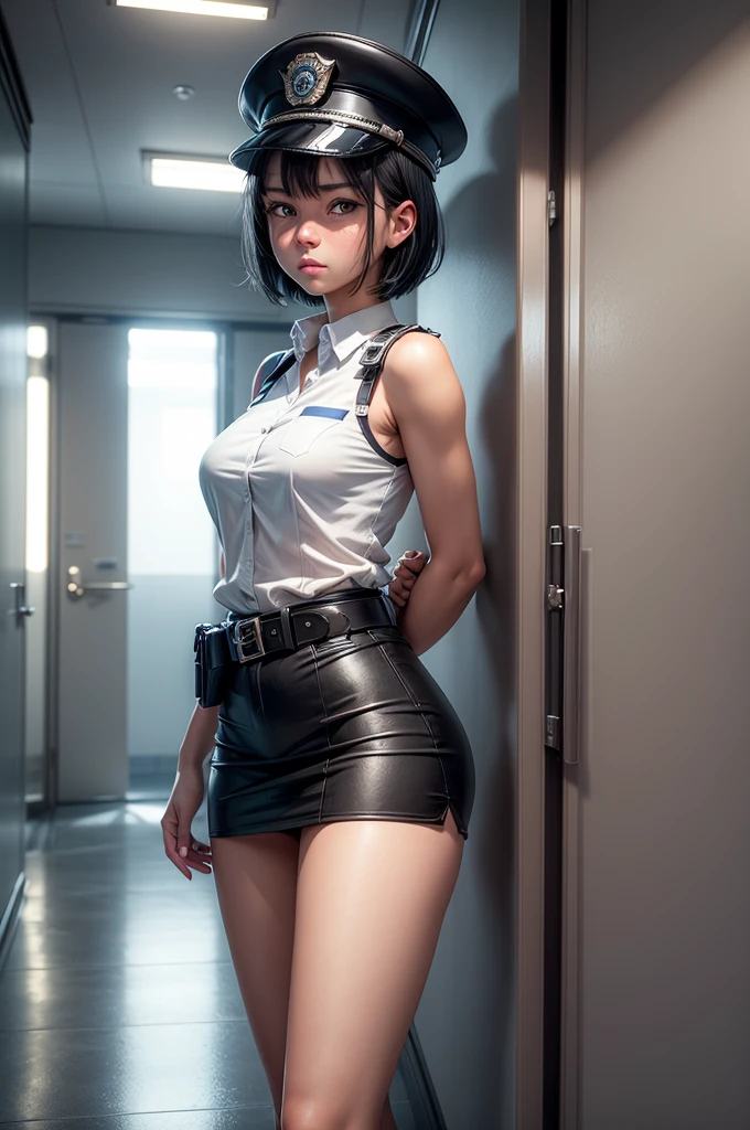 1 girl, ((alone:1.5)),Black Short Hair,Police uniform,belt,clock, White sleeveless collared shirt,Blue Super Mini Skirt:1.8,Police hat, Blushing:1.2, Perfect light, 8k, masterpiece:1.2, Very detailed, Realistic:1.37, Full HD, Police station hallway,indoor,(Front shot:1.3),(Are standing),((Attractive face:1.2))