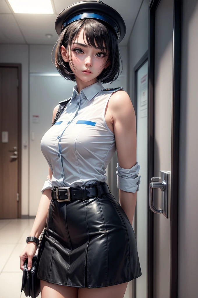 1 girl, ((alone:1.5)),Black Short Hair,Police uniform,belt,clock, White sleeveless collared shirt,Blue Super Mini Skirt:1.8,Police hat, Blushing:1.2, Perfect light, 8k, masterpiece:1.2, Very detailed, Realistic:1.37, Full HD, Police station hallway,indoor,(Front shot:1.3),(Are standing),((Attractive face:1.2))